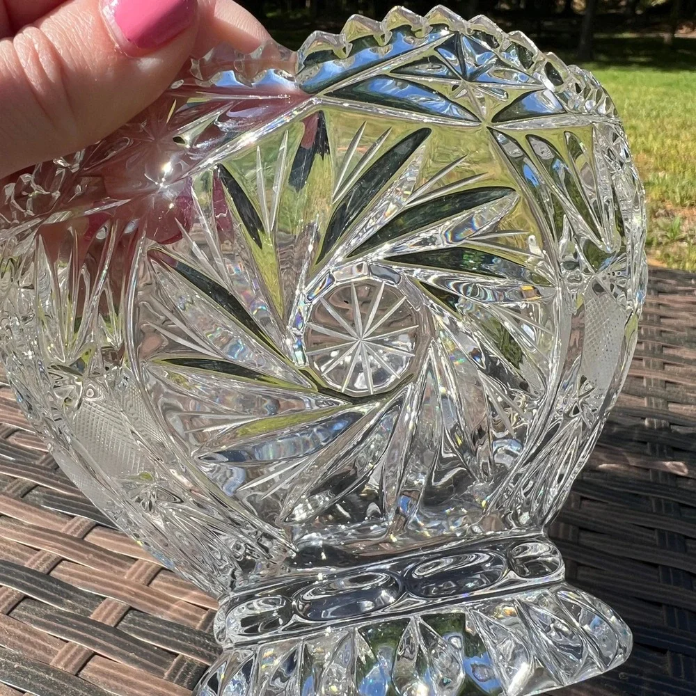 Vintage Cut‎ Lead Crystal Bowl Pinwheel Hobstar Pattern Pedestal Foot Scalloped